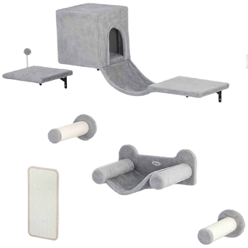 Pawhut juego de pared de escalada para gatos de 6 piezas estanterías para gatos con condominio plataforma hamaca escaleras percha tabla rascador poste de sisal bola de juguete gris