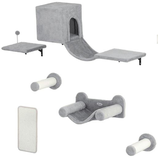 PawHut Conjunto de Prateleiras de Escalada para Gatos de 6 Peças Prateleiras para Gatos com Caverna Plataforma Rede Escadas Placa para Arranhar Poste de Sisal e Bola de Brinquedo Cinzento