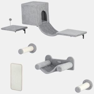 PawHut Conjunto de Prateleiras de Escalada para Gatos de 6 Peças Prateleiras para Gatos com Caverna Plataforma Rede Escadas Placa para Arranhar Poste de Sisal e Bola de Brinquedo Cinzento