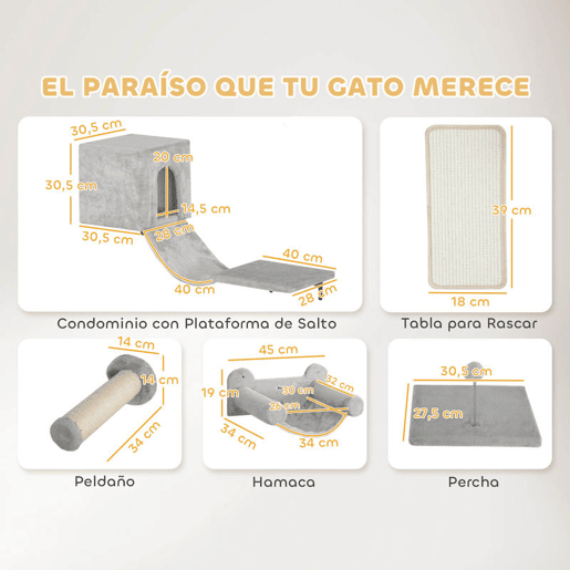 PawHut Conjunto de Prateleiras de Escalada para Gatos de 6 Peças Prateleiras para Gatos com Caverna Plataforma Rede Escadas Placa para Arranhar Poste de Sisal e Bola de Brinquedo Cinzento