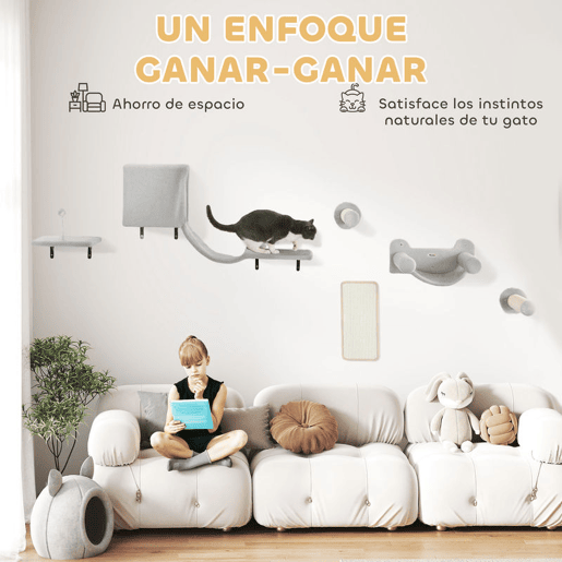 PawHut Conjunto de Prateleiras de Escalada para Gatos de 6 Peças Prateleiras para Gatos com Caverna Plataforma Rede Escadas Placa para Arranhar Poste de Sisal e Bola de Brinquedo Cinzento