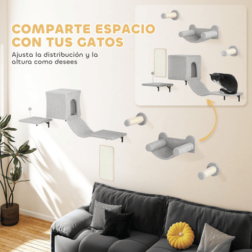 PawHut Conjunto de Prateleiras de Escalada para Gatos de 6 Peças Prateleiras para Gatos com Caverna Plataforma Rede Escadas Placa para Arranhar Poste de Sisal e Bola de Brinquedo Cinzento