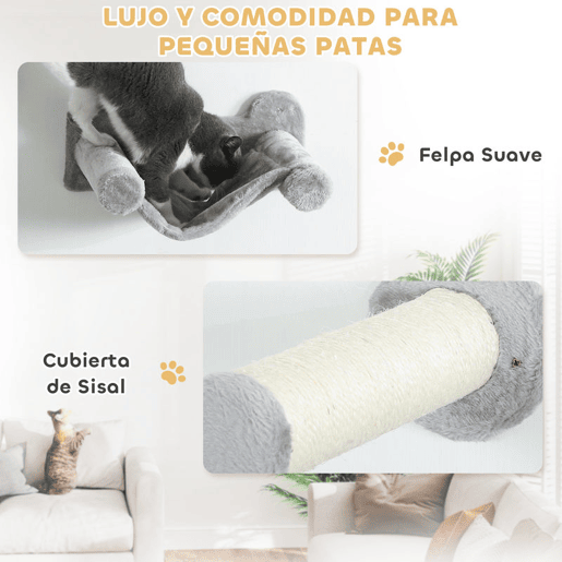 PawHut Conjunto de Prateleiras de Escalada para Gatos de 6 Peças Prateleiras para Gatos com Caverna Plataforma Rede Escadas Placa para Arranhar Poste de Sisal e Bola de Brinquedo Cinzento