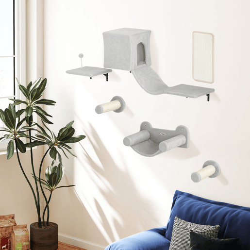 PawHut Conjunto de Prateleiras de Escalada para Gatos de 6 Peças Prateleiras para Gatos com Caverna Plataforma Rede Escadas Placa para Arranhar Poste de Sisal e Bola de Brinquedo Cinzento