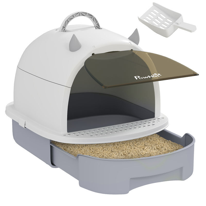 Pawhut arenero para gatos cubierto caja de arena para gatos arenero cerrado con tapa removible bandeja extraíble filtro de carbono pala y asa superior