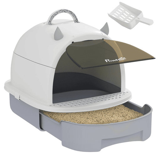 PawHut Caixa de Areia para Gatos Fechada Caixa de Areia para Gatos com Tampa e Bandeja Amovíveis Filtro de Carvão e Pá 40,5x52x39 cm Branco e Cinza