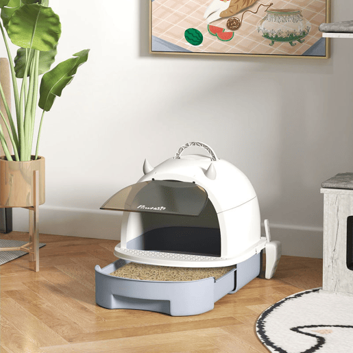 PawHut Caixa de Areia para Gatos Fechada Caixa de Areia para Gatos com Tampa e Bandeja Amovíveis Filtro de Carvão e Pá 40,5x52x39 cm Branco e Cinza