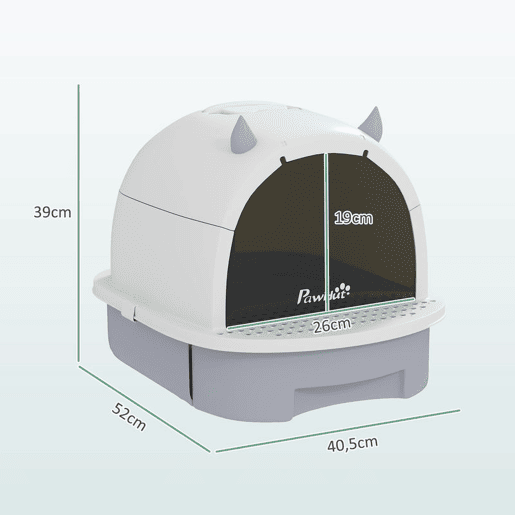 PawHut Caixa de Areia para Gatos Fechada Caixa de Areia para Gatos com Tampa e Bandeja Amovíveis Filtro de Carvão e Pá 40,5x52x39 cm Branco e Cinza