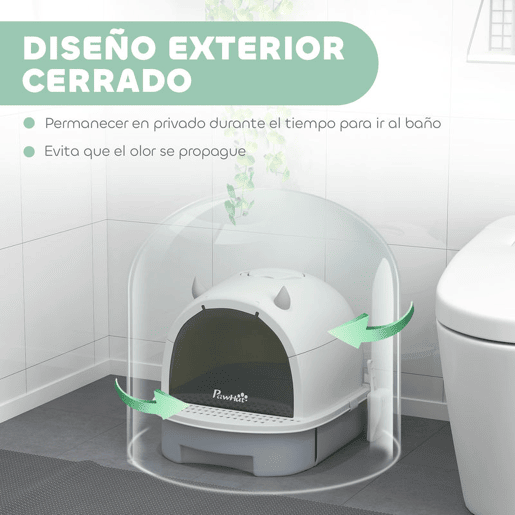 PawHut Caixa de Areia para Gatos Fechada Caixa de Areia para Gatos com Tampa e Bandeja Amovíveis Filtro de Carvão e Pá 40,5x52x39 cm Branco e Cinza
