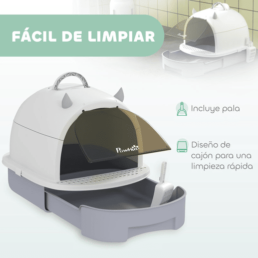 PawHut Caixa de Areia para Gatos Fechada Caixa de Areia para Gatos com Tampa e Bandeja Amovíveis Filtro de Carvão e Pá 40,5x52x39 cm Branco e Cinza