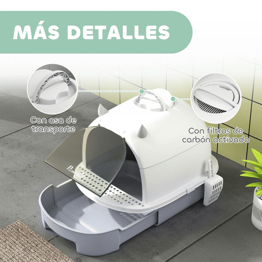 PawHut Caixa de Areia para Gatos Fechada Caixa de Areia para Gatos com Tampa e Bandeja Amovíveis Filtro de Carvão e Pá 40,5x52x39 cm Branco e Cinza