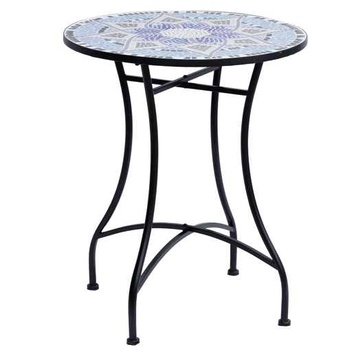 Outsunny Mesa de Jardim Redonda Mesa de Varanda Ø60x71 cm com Bancada em Mosaico Decorativa Carga 100 kg Mesa de Exterior Pátio Azul e Branco