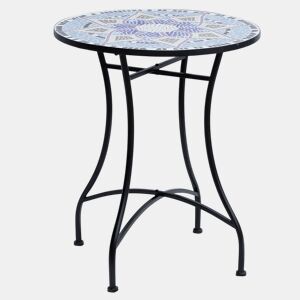 Outsunny Mesa de Jardim Redonda Mesa de Varanda Ø60x71 cm com Bancada em Mosaico Decorativa Carga 100 kg Mesa de Exterior Pátio Azul e Branco