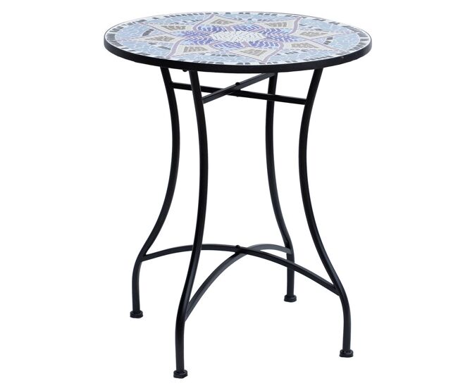 Outsunny mesa de jardín redonda mesa de terraza exterior ø60x71 cm con encimera de mosaico decorativo carga 100 kg mesa para exterior patio azul y blanco