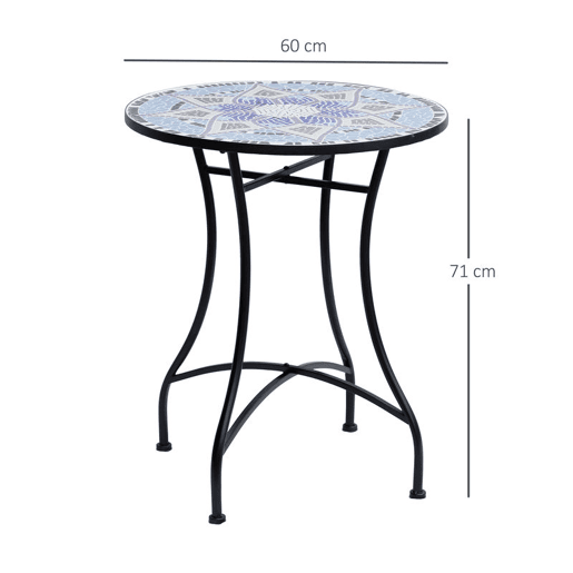 Outsunny Mesa de Jardim Redonda Mesa de Varanda Ø60x71 cm com Bancada em Mosaico Decorativa Carga 100 kg Mesa de Exterior Pátio Azul e Branco