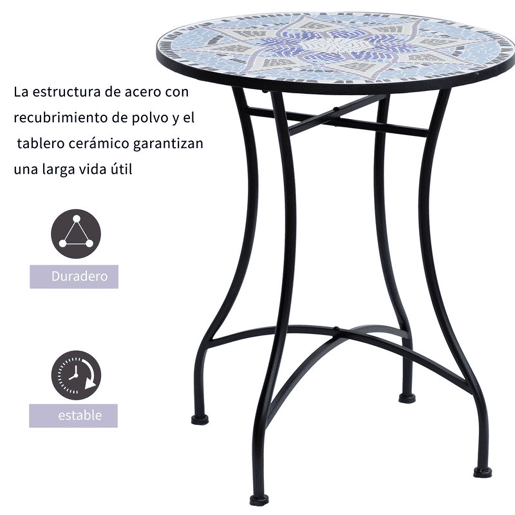 Outsunny Mesa de Jardim Redonda Mesa de Varanda Ø60x71 cm com Bancada em Mosaico Decorativa Carga 100 kg Mesa de Exterior Pátio Azul e Branco