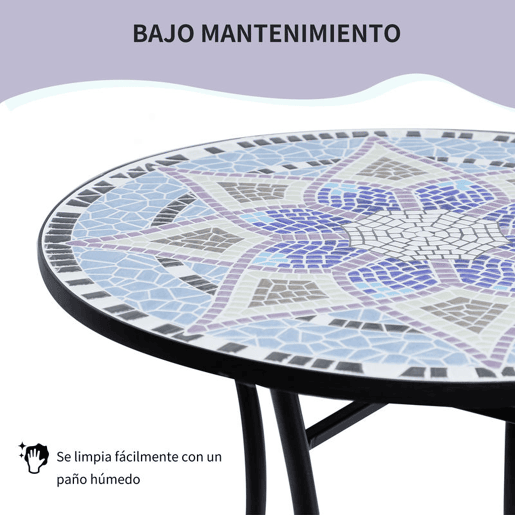 Outsunny Mesa de Jardim Redonda Mesa de Varanda Ø60x71 cm com Bancada em Mosaico Decorativa Carga 100 kg Mesa de Exterior Pátio Azul e Branco