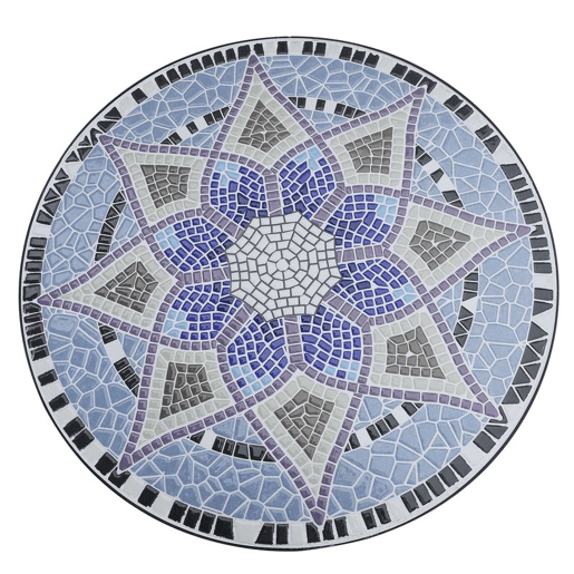 Outsunny Mesa de Jardim Redonda Mesa de Varanda Ø60x71 cm com Bancada em Mosaico Decorativa Carga 100 kg Mesa de Exterior Pátio Azul e Branco