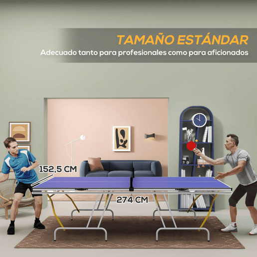 SPORTNOW Mesa de Ping-Pong Dobrável Mesa de Ping-Pong Compacta com Rede Apoio para os Pés Ajustáveis e Estrutura de Aço para Interior e Exterior 274x152,5x76 cm Azul