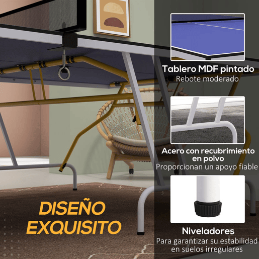 SPORTNOW Mesa de Ping-Pong Dobrável Mesa de Ping-Pong Compacta com Rede Apoio para os Pés Ajustáveis e Estrutura de Aço para Interior e Exterior 274x152,5x76 cm Azul