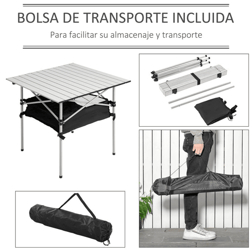 Outsunny Mesa Dobrável de Campismo Mesa de Piquenique com Armazenamento e Bolsa de Transporte 70x70x69 cm Prata e Preto