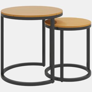 Outsunny Conjunto de 2 Mesas de Jardim com Bancada de Madeira de Acácia Design Ripas Mesas Auxiliares de Jardim Empilháveis com Estrutura de Aço e Pés Ajustáveis Teca e Preto