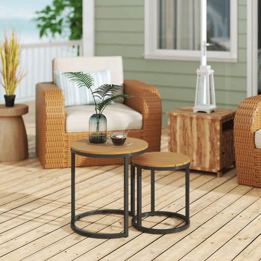 Outsunny Conjunto de 2 Mesas de Jardim com Bancada de Madeira de Acácia Design Ripas Mesas Auxiliares de Jardim Empilháveis com Estrutura de Aço e Pés Ajustáveis Teca e Preto