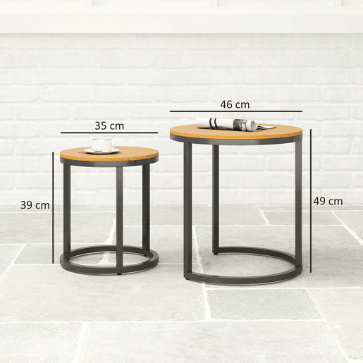 Outsunny Conjunto de 2 Mesas de Jardim com Bancada de Madeira de Acácia Design Ripas Mesas Auxiliares de Jardim Empilháveis com Estrutura de Aço e Pés Ajustáveis Teca e Preto