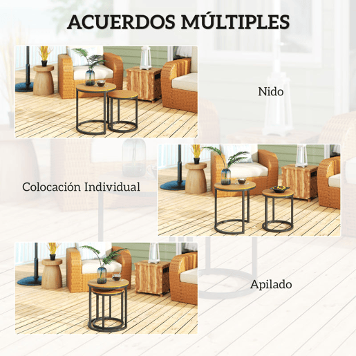 Outsunny Conjunto de 2 Mesas de Jardim com Bancada de Madeira de Acácia Design Ripas Mesas Auxiliares de Jardim Empilháveis com Estrutura de Aço e Pés Ajustáveis Teca e Preto