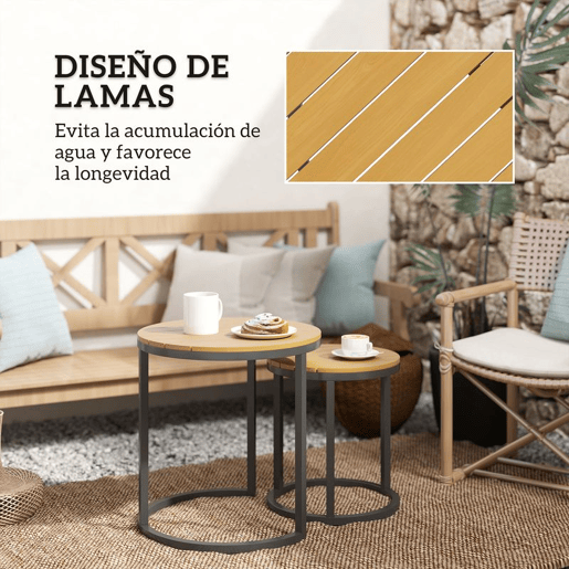Outsunny Conjunto de 2 Mesas de Jardim com Bancada de Madeira de Acácia Design Ripas Mesas Auxiliares de Jardim Empilháveis com Estrutura de Aço e Pés Ajustáveis Teca e Preto