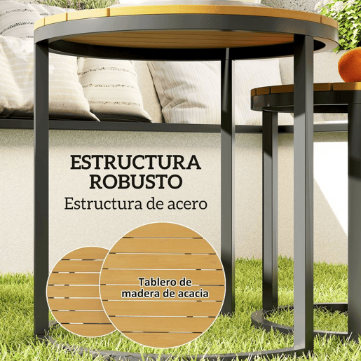 Outsunny Conjunto de 2 Mesas de Jardim com Bancada de Madeira de Acácia Design Ripas Mesas Auxiliares de Jardim Empilháveis com Estrutura de Aço e Pés Ajustáveis Teca e Preto