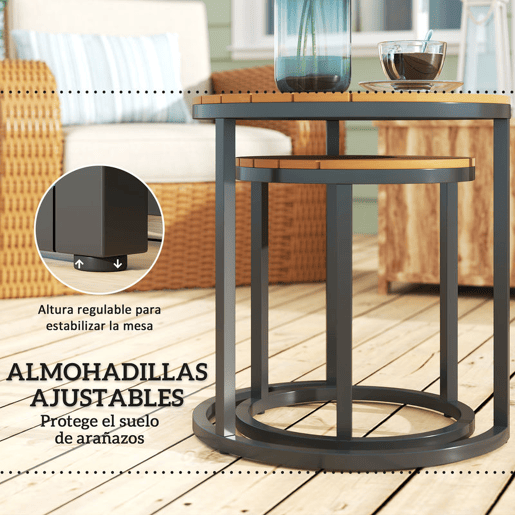 Outsunny Conjunto de 2 Mesas de Jardim com Bancada de Madeira de Acácia Design Ripas Mesas Auxiliares de Jardim Empilháveis com Estrutura de Aço e Pés Ajustáveis Teca e Preto