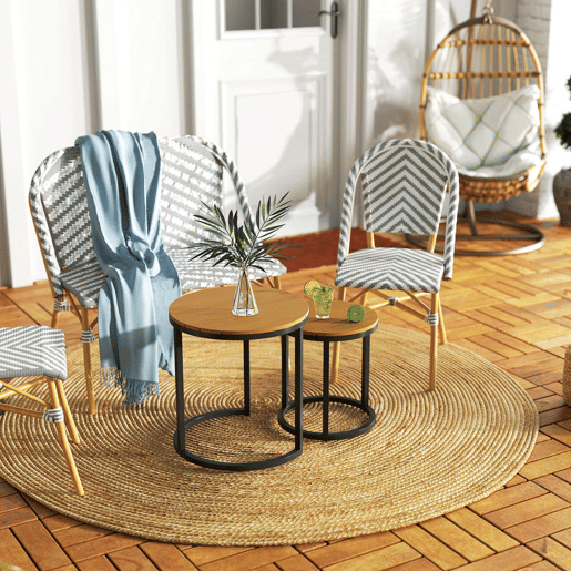 Outsunny Conjunto de 2 Mesas de Jardim com Bancada de Madeira de Acácia Design Ripas Mesas Auxiliares de Jardim Empilháveis com Estrutura de Aço e Pés Ajustáveis Teca e Preto