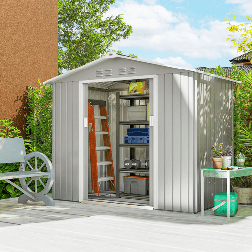Outsunny Abrigo de Jardim 2,42 m 213x130x185 cm Abrigo de Jardim Metálico de Exterior para Armazenamento de Ferramentas com 2 Portas Deslizantes e 4 Janelas para Terraço Cinza Claro