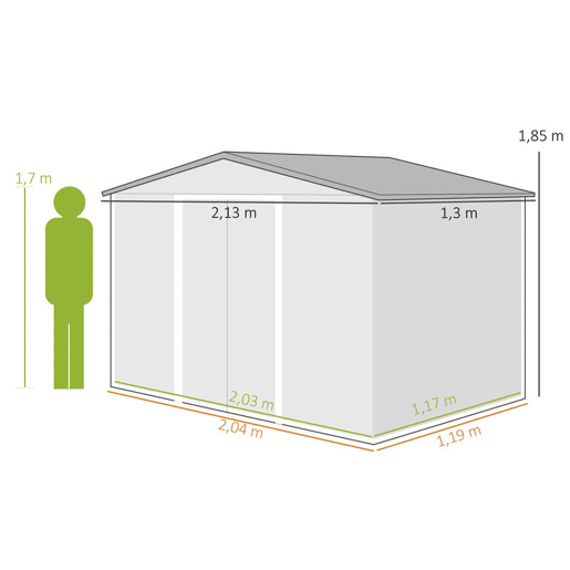 Outsunny Abrigo de Jardim 2,42 m 213x130x185 cm Abrigo de Jardim Metálico de Exterior para Armazenamento de Ferramentas com 2 Portas Deslizantes e 4 Janelas para Terraço Cinza Claro