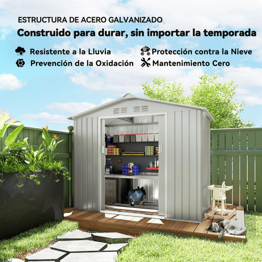 Outsunny Abrigo de Jardim 2,42 m 213x130x185 cm Abrigo de Jardim Metálico de Exterior para Armazenamento de Ferramentas com 2 Portas Deslizantes e 4 Janelas para Terraço Cinza Claro