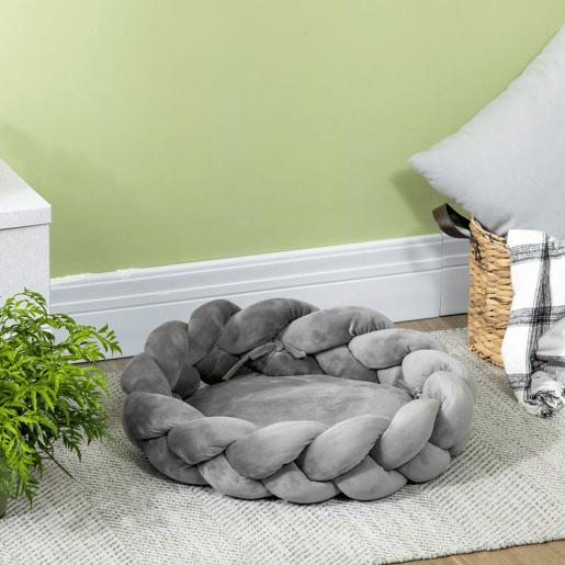 PawHut Cama para Cães Pequenos Cama para Gatos Lavável Cama para Animais de Estimação Redonda com Almofada Independente e Corda de Algodão 55x55x14 cm Cinza