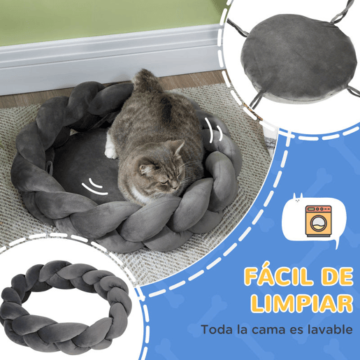 PawHut Cama para Cães Pequenos Cama para Gatos Lavável Cama para Animais de Estimação Redonda com Almofada Independente e Corda de Algodão 55x55x14 cm Cinza