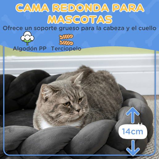 PawHut Cama para Cães Pequenos Cama para Gatos Lavável Cama para Animais de Estimação Redonda com Almofada Independente e Corda de Algodão 55x55x14 cm Cinza