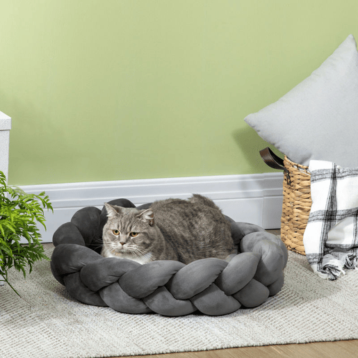 PawHut Cama para Cães Pequenos Cama para Gatos Lavável Cama para Animais de Estimação Redonda com Almofada Independente e Corda de Algodão 55x55x14 cm Cinza