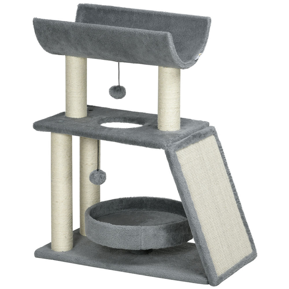 Pawhut rascador para gatos árbol para gatos altura 76 cm con 4 postes rascadores nido plataforma en u almohadilla para rascar bolas colgantes gris claro