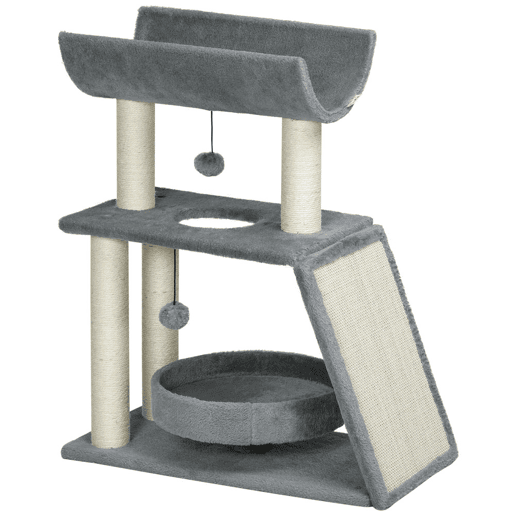 PawHut Arrador para Gatos Arranhador para Gatos Altura 76 cm com 4 Postes de Arranhar Cama Plataforma em U Almofada para Arranhar Bolas Suspensas Cinzento