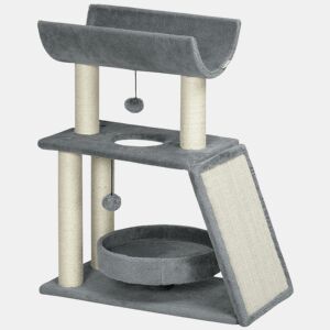 PawHut Arrador para Gatos Arranhador para Gatos Altura 76 cm com 4 Postes de Arranhar Cama Plataforma em U Almofada para Arranhar Bolas Suspensas Cinzento