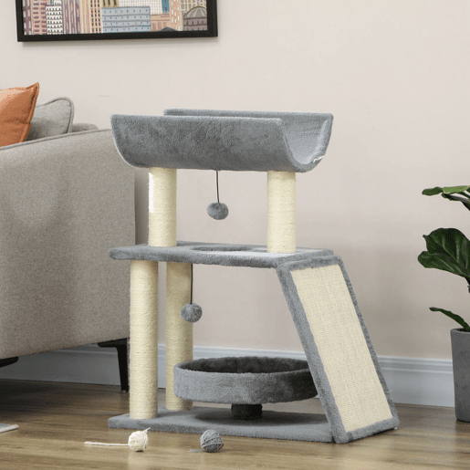 PawHut Arrador para Gatos Arranhador para Gatos Altura 76 cm com 4 Postes de Arranhar Cama Plataforma em U Almofada para Arranhar Bolas Suspensas Cinzento