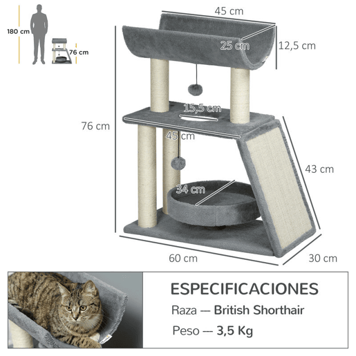 PawHut Arrador para Gatos Arranhador para Gatos Altura 76 cm com 4 Postes de Arranhar Cama Plataforma em U Almofada para Arranhar Bolas Suspensas Cinzento