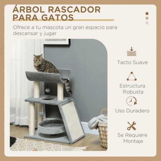 PawHut Arrador para Gatos Arranhador para Gatos Altura 76 cm com 4 Postes de Arranhar Cama Plataforma em U Almofada para Arranhar Bolas Suspensas Cinzento
