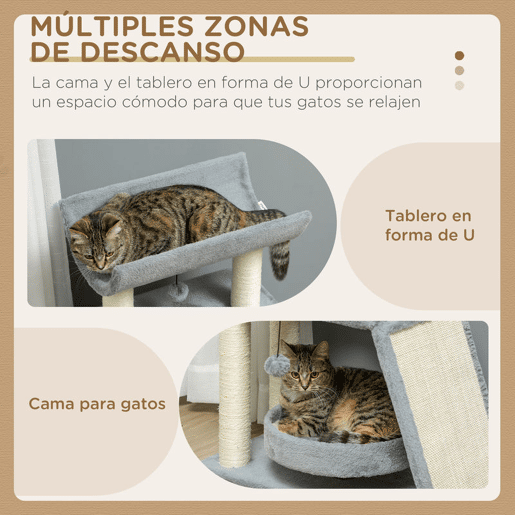 PawHut Arrador para Gatos Arranhador para Gatos Altura 76 cm com 4 Postes de Arranhar Cama Plataforma em U Almofada para Arranhar Bolas Suspensas Cinzento