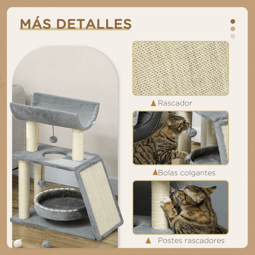 PawHut Arrador para Gatos Arranhador para Gatos Altura 76 cm com 4 Postes de Arranhar Cama Plataforma em U Almofada para Arranhar Bolas Suspensas Cinzento