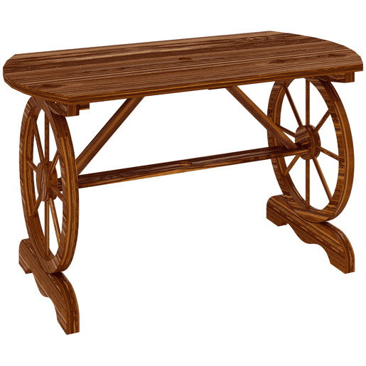 Outsunny Mesa de Jardim de Madeira Mesa de Exterior 120x63x70 cm com Pernas em Forma de Roda Orifício para Chapéu de Sol e Desenho em Ripas Carga 50 kg para Pátio Madeira Carbonizada