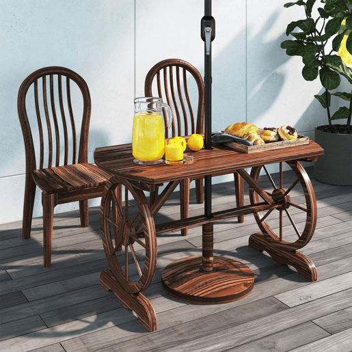 Outsunny Mesa de Jardim de Madeira Mesa de Exterior 120x63x70 cm com Pernas em Forma de Roda Orifício para Chapéu de Sol e Desenho em Ripas Carga 50 kg para Pátio Madeira Carbonizada